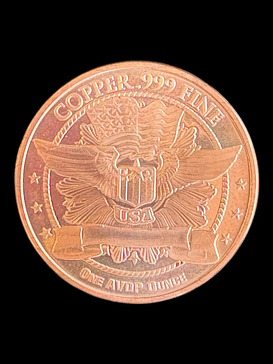 1 AVDP oz .999 Fine Copper Round – Walking Lady Liberty star burst + Eagle wing Shield (28.7g) 006