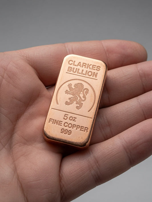 Clarke’s Bullion 5 Ounce Copper Bar,  Fine .999 Copper Collectible