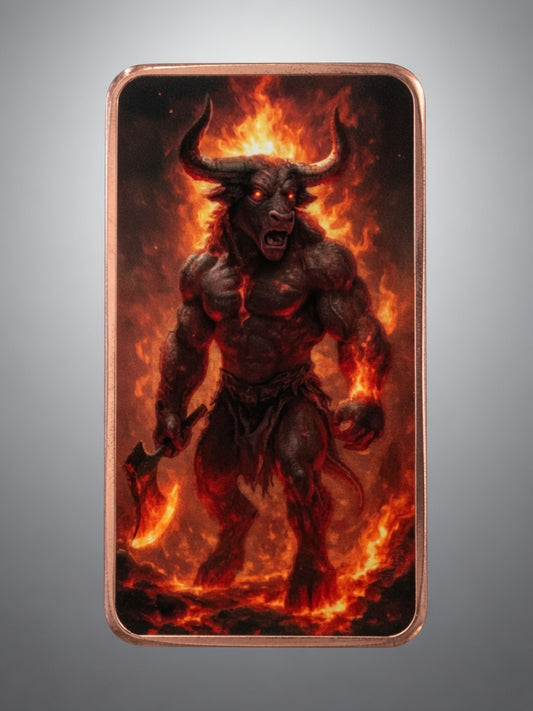 Mystic Guardians of Fire – Infernal Minotaur
 1oz Copper Bar, Round| Fine .999 Copper | Proof & Uncirculated