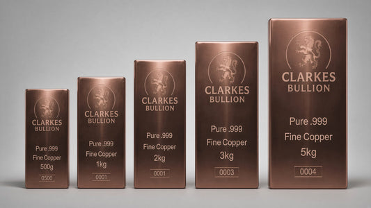 PRE ORDER- Clarke’s Bullion SUPER Deluxe Bar Collection – 500g, 1kg, 2kg, 3kg & 5kg Copper Bars (Ultimate Heavyweight Series)