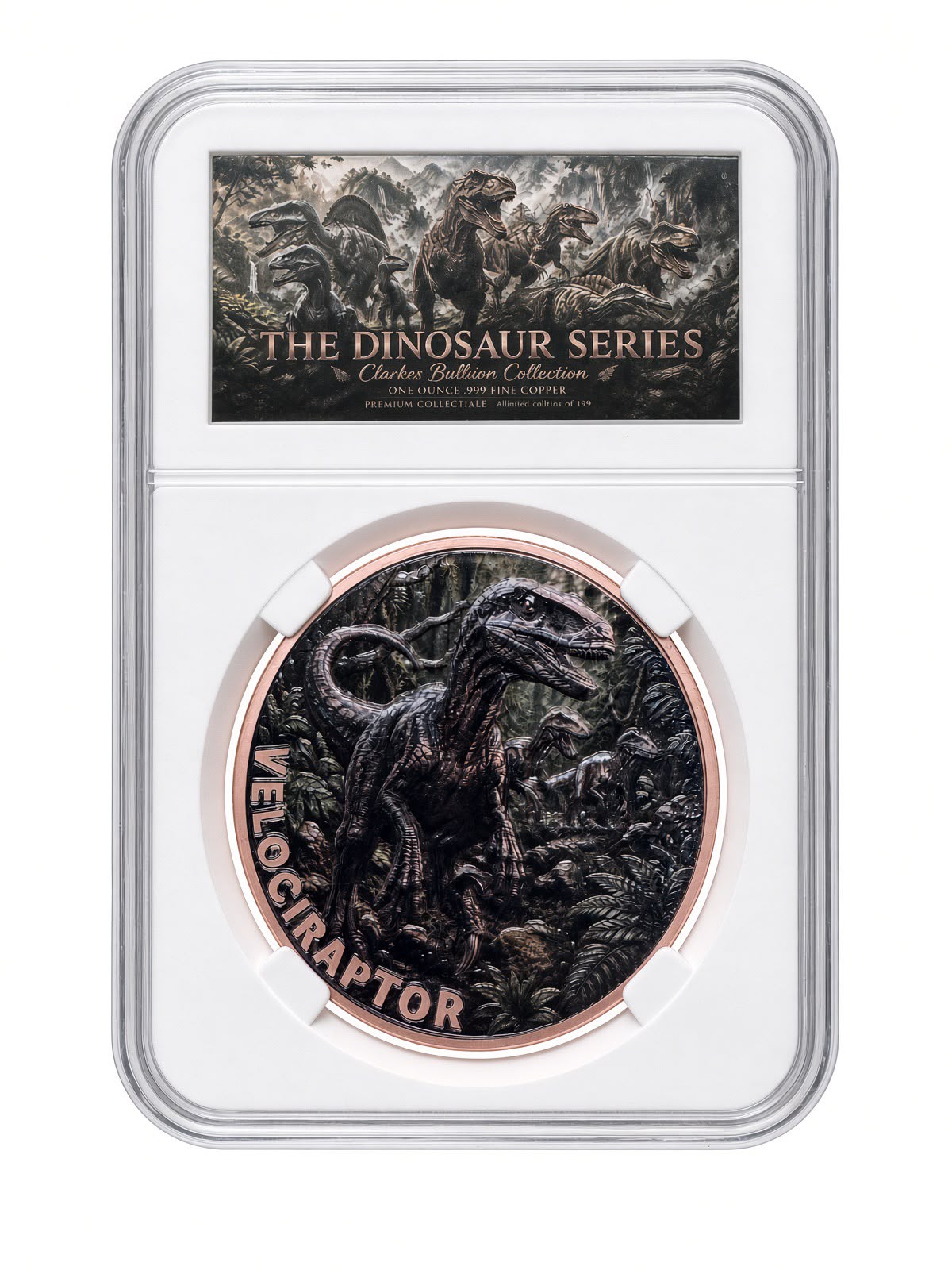 Velociraptor 1oz Fine Copper Bullion Round | Dinosaur Series Collection | Clarke's Bullion