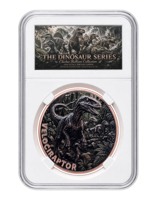 Velociraptor 1oz Fine Copper Bullion Round | Dinosaur Series Collection | Clarke's Bullion